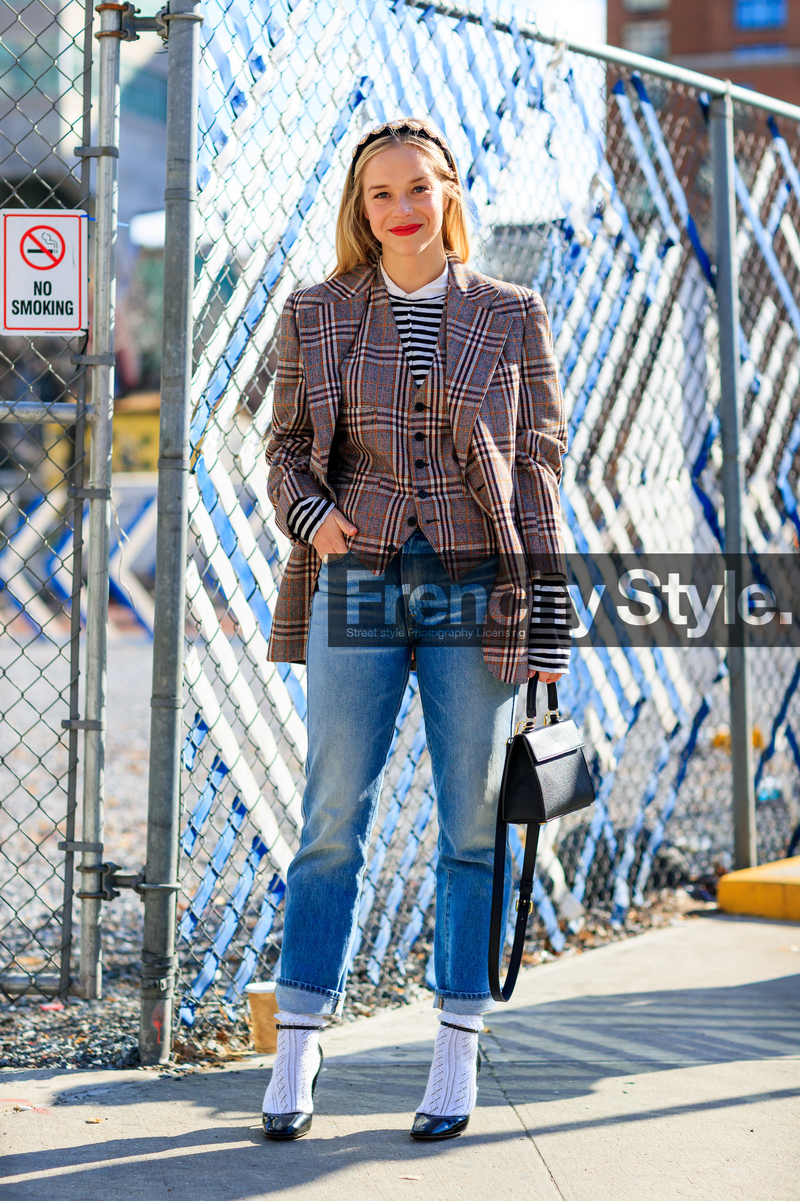black bag, black shoes, blue denim, checked, checked jacket, denim pants, graphic jacket, high heels, jeans, leather bag, leather shoes, pink jacket, plaid, printed jacket, red lips, striped top, tartan, trousers, varnished leather shoes, vest, white socks, fashion week, frenchystyle, FW, jonathan paciullo, street style, NYFW, NEW YORK, AUTUMN WINTER 2018-2019, AW 18-19, FALL WINTER 2018-2019, FW 18-19, vertical, full length, chloe king