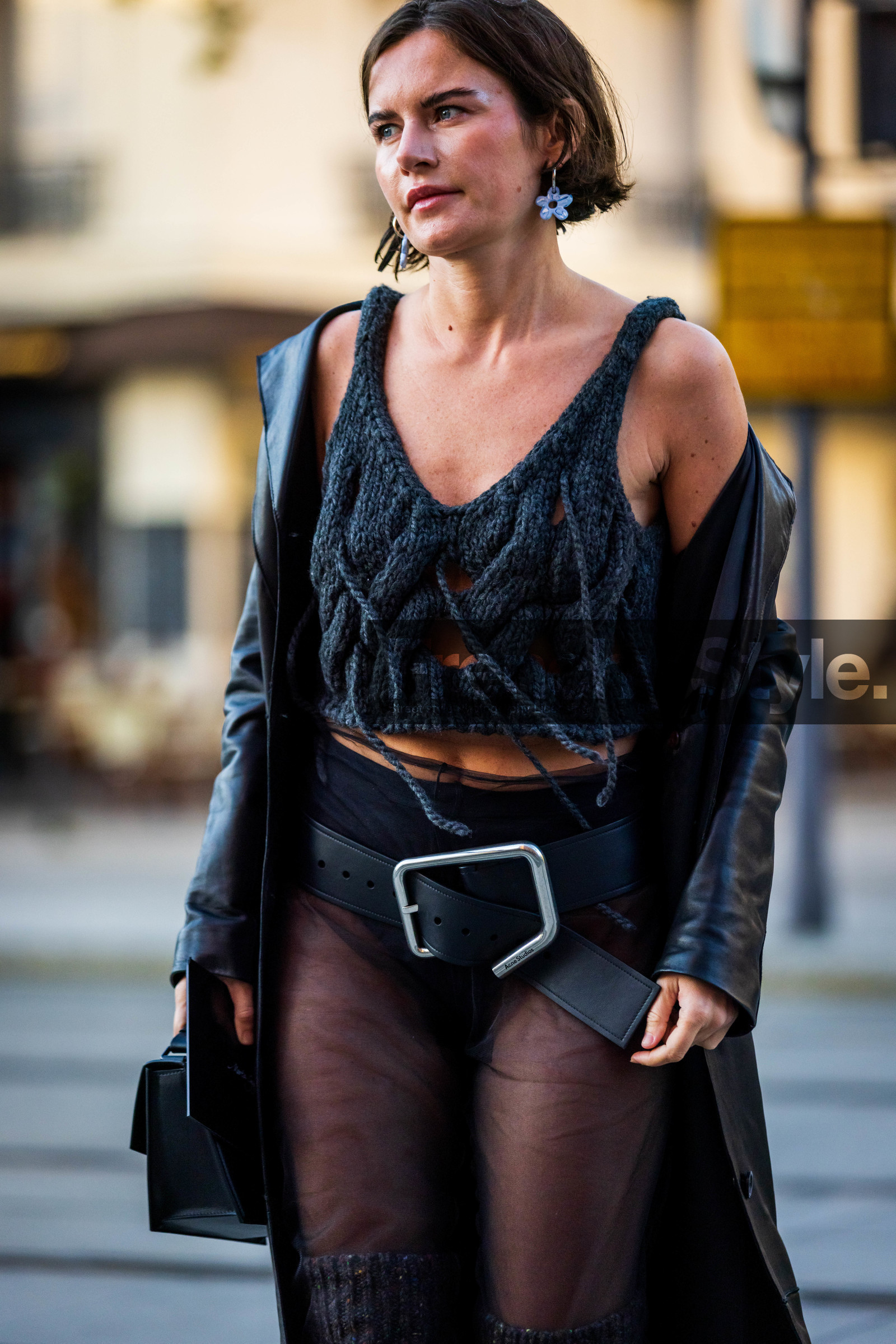 acne studios looks, belt, black belt, black boots, black coat, blue earrings, coat, earrings, flower earrings, fringes, grey knitwear, knitwear, large belt, leather coat, long coat, Marta Cygan, transparent, street style, jonathan paciullo, FW, frenchystyle, fashion week, PFW, PARIS, SPRING SUMMER 2022, SS 22, vertical, atmosphere details