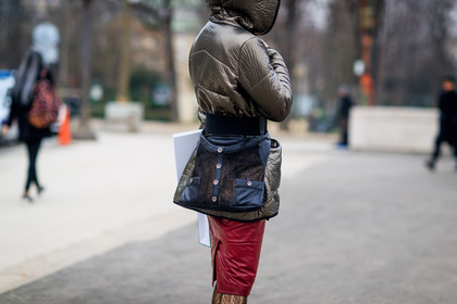 black bag, bronze, brown coat, chanel, down jacket, fanny pack, hood, leather bag, leather skirt, red skirt, fashion week, frenchystyle, FW, jonathan paciullo, street style, PFW, PARIS, SPRING SUMMER 2017, SS 17, HAUTE COUTURE, atmosphere details, detail, horizontal