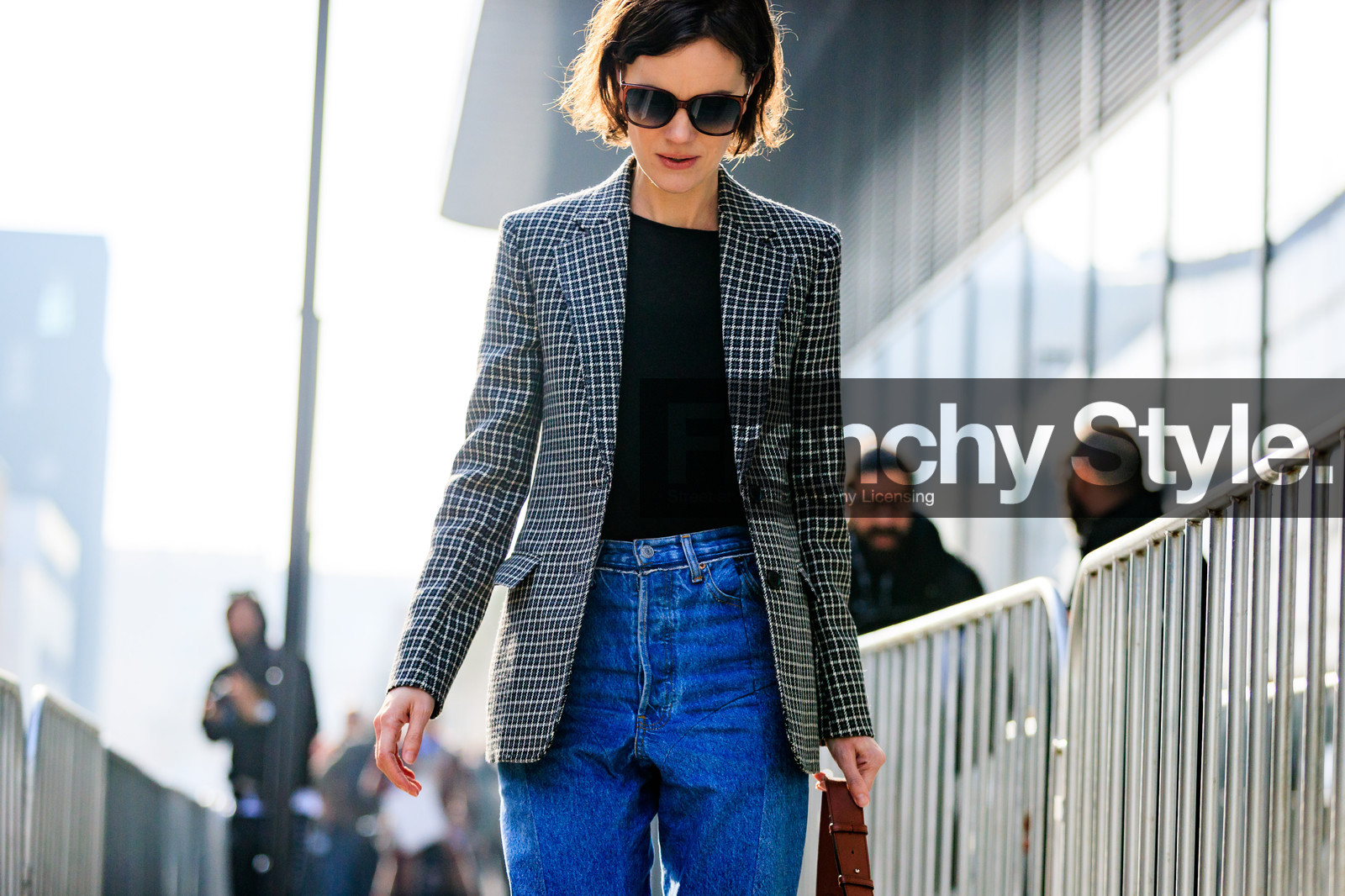 atmosphere details, AUTUMN WINTER 2017-2018, AW 17-18, black top, blazer, blue denim, brown bag, checked jacket, denim pants, detail, FALL WINTER 2017-2018, fashion week, frenchystyle, FW, FW 17-18, graphic jacket, horizontal, jeans, jo ellison, jonathan paciullo, MFW, MILAN, plaid, printed jacket, street style, sunglasses, trousers