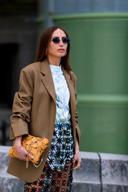 black skirt, blazer, brown jacket, chloe loulou de saison, graphic bag, graphic skirt, leather bag, paco rabanne, printed bag, printed skirt, pvc, see through, stars, sunglasses, white t shirt, yellow bag, PARIS, PFW, street style, jonathan paciullo, FW, frenchystyle, fashion week, AUTUMN WINTER 2019-2020, AW 19-20, FALL WINTER 2019-2020, FW 19-20, vertical, atmosphere details, detail