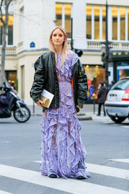 black boots, bomber jacket, green jacket, leather bag, purple dress, see through, sheer dress, silk dress, fashion week, frenchystyle, FW, jonathan paciullo, street style, PFW, PARIS, SPRING SUMMER 2017, SS 17, HAUTE COUTURE, vertical, full length, Charlotte Groeneveld