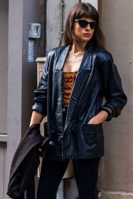 bangle, black denim, black jacket, black jean, black sunglasses, bracelet, cateyes, denim, jacket, jean, leather jacket, orange top, print, printed top, sunglasses, top, street style, jonathan paciullo, FW, frenchystyle, fashion week, PFW, PARIS, SPRING SUMMER 2022, SS 22, vertical, atmosphere details