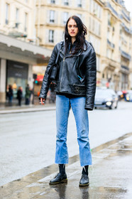 AUTUMN WINTER 2017-2018, AW 17-18, black bag, black jacket, black perfecto, black shoes, blue denim, denim pants, FALL WINTER 2017-2018, fashion week, frenchystyle, full length, FW, FW 17-18, jeans, jonathan paciullo, leather jacket, leather perfecto, leather shoes, model, PARIS, PFW, street style, trousers, vertical