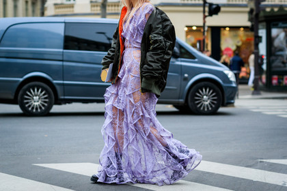 black boots, bomber jacket, green jacket, leather bag, purple dress, see through, sheer dress, silk dress, fashion week, frenchystyle, FW, jonathan paciullo, street style, PFW, PARIS, SPRING SUMMER 2017, SS 17, HAUTE COUTURE, atmosphere details, detail, horizontal, Charlotte Groeneveld