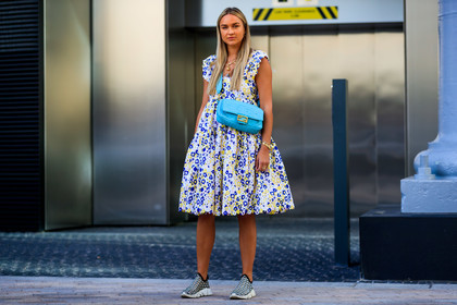 animals charms necklace, cartier watch, crossbody bag, fendi baguette bag, flower embroidered dress, golden bracelet, golden earrings, golden necklace, golden watch, light blue leather bag, monogrammed bag, multi bracelet, multi earrings, multi necklace, plaited shoes, snake earring, plaited sneakers, fashion week, frenchystyle, FW, jonathan paciullo, street style, atmosphere details, horizontal, full length