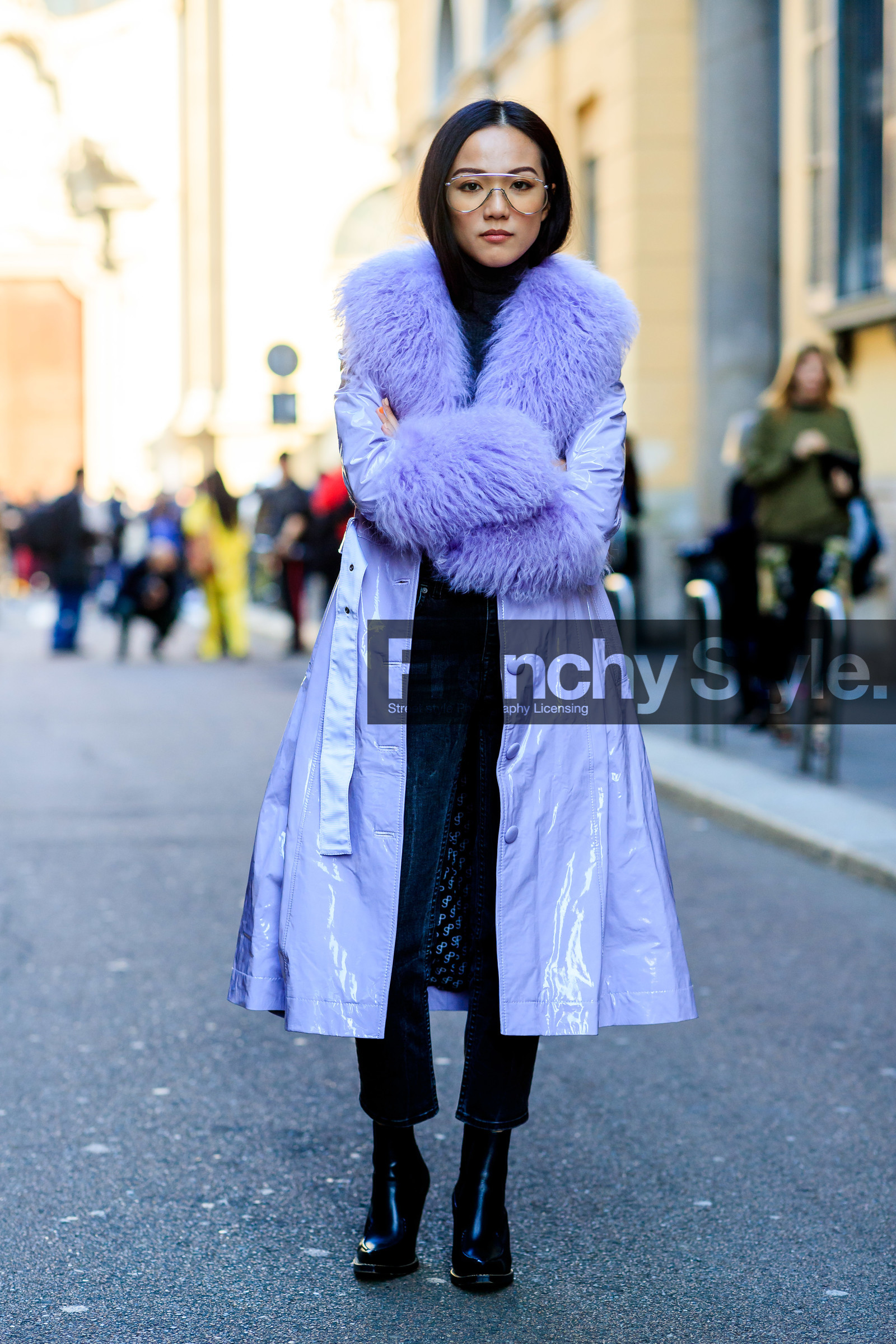black shoes, blue denim, denim pants, fur collar, high heels, jeans, leather coat, leather shoes, purple coat, purple fur, trousers, yoyo cao, MILAN, MFW, fashion week, frenchystyle, FW, jonathan paciullo, street style, AUTUMN WINTER 2019-2020, AW 19-20, FALL WINTER 2019-2020, FW 19-20, vertical, full length