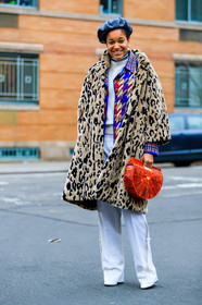beret, black hat, blue coat, checked, earrings, fur jacket, graphic bag, graphic jacket, houndstooth pattern, leather bag, leopard print, multicolor jacket, plaid, printed jacket, sunglasses, tartan, trousers, white pants, white sweater, street style, jonathan paciullo, FW, frenchystyle, fashion week, NYFW, NEW YORK, AUTUMN WINTER 2018-2019, AW 18-19, FALL WINTER 2018-2019, FW 18-19, vertical, full length, tamu mcpherson