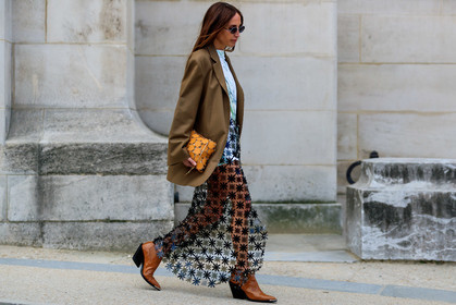 black skirt, blazer, brown jacket, brown shoes, chloe loulou de saison, graphic bag, graphic skirt, high heels, leather bag, leather shoes, paco rabanne, printed bag, printed skirt, pvc, see through, stars, sunglasses, white t shirt, yellow bag, PARIS, PFW, street style, jonathan paciullo, FW, frenchystyle, fashion week, AUTUMN WINTER 2019-2020, AW 19-20, FALL WINTER 2019-2020, FW 19-20, horizontal, atmosphere details, full length