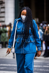 bag, blue jacket, blue pants, facial mask, flare pants, jacket, leather bag, pants, Shiona Turini, white bag, street style, jonathan paciullo, FW, frenchystyle, fashion week, PFW, PARIS, SPRING SUMMER 2022, SS 22, vertical, atmosphere details