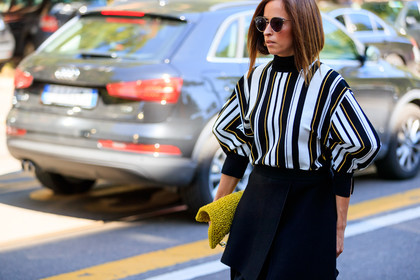 atmosphere details, black skirt, detail, fashion week, frenchystyle, FW, graphic sweater, horizontal, jonathan paciullo, leather bag, MFW, MILAN, printed sweater, SPRING SUMMER 2018, SS 18, street style, striped sweater, sunglasses, yellow bag