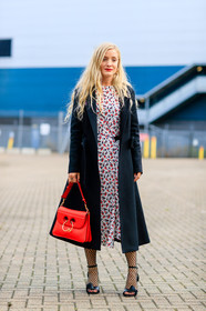 black coat, black shoes, fashion week, fishnet, floral, flower, frenchystyle, full length, FW, high heels, jonathan paciullo, jw anderson, kate foley, leather bag, leather shoes, LFW, LONDON, overcoat, printed dress, red bag, SPRING SUMMER 2017, SS 17, street style, tights, vertical, woman