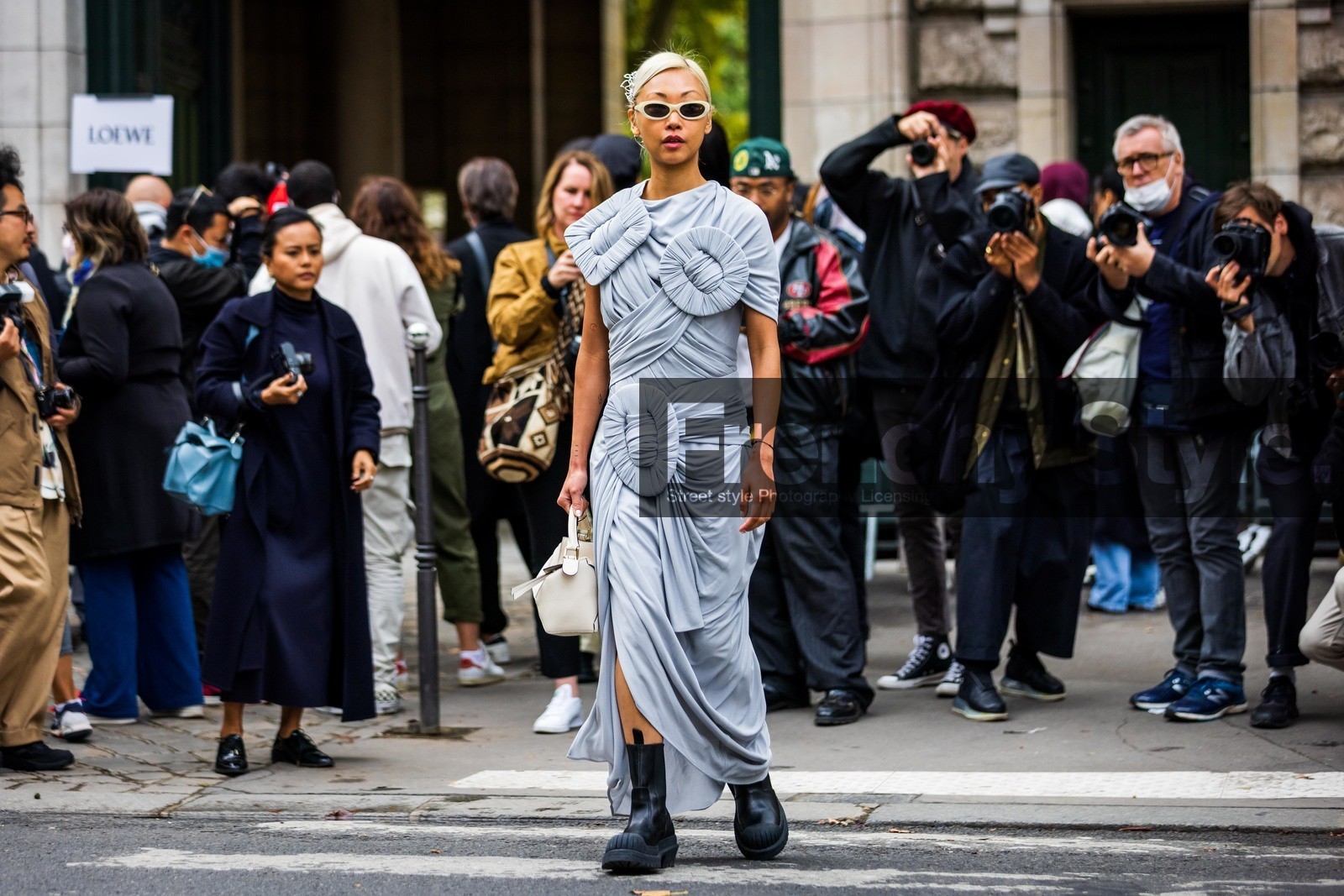 black boots, blue dress, boots, dress, leather boots, loewe look, long dress, statement dress, sunglasses, Vanessa Hong, white sunglasses, wrap dress, street style, jonathan paciullo, FW, frenchystyle, fashion week, PFW, PARIS, SPRING SUMMER 2022, SS 22, horizontal, atmosphere details, full length