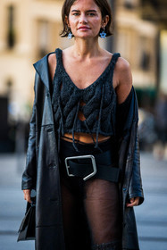 acne studios looks, belt, black belt, black boots, black coat, blue earrings, coat, earrings, flower earrings, fringes, grey knitwear, knitwear, large belt, leather coat, long coat, Marta Cygan, transparent, street style, jonathan paciullo, FW, frenchystyle, fashion week, PFW, PARIS, SPRING SUMMER 2022, SS 22, vertical, atmosphere details