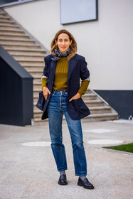 Alexandra Golovanoff, black loafers, black mocassins, blazer, blue denim, blue jean, denim, jean, khaki knitwear, knitwear, loafers, mocassins, navy blazer, navy scarf, printed scarf, scarf, striped blazer, stripes, PARIS, PFW, fashion week, frenchystyle, FW, jonathan paciullo, street style, SPRING SUMMER 2022, SS 22, vertical, full length