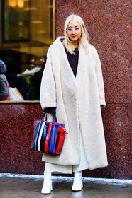AUTUMN WINTER 2017-2018, AW 17-18, balenciaga, FALL WINTER 2017-2018, fashion week, frenchystyle, full length, Fur coat, FW, FW 17-18, graphic bag, high heels, jonathan paciullo, leather bag, leather boots, multicolor bag, NEW YORK, NYFW, shearling, street style, striped bag, trousers, vertical, white boots, white coat, white fur