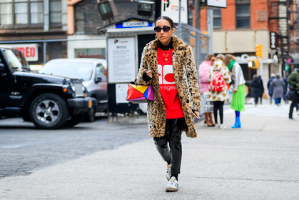 adidas, animal print, black pants, brown jacket, courrèges, earrings, fur jacket, graphic bag, graphic jacket, leather bag, leather pants, leather shoes, leopard print, loewe, multicolor bag, necklace, printed bag, printed jacket, red sweater, sunglasses, trousers, white sneakers, street style, jonathan paciullo, FW, frenchystyle, fashion week, NYFW, NEW YORK, AUTUMN WINTER 2018-2019, AW 18-19, FALL WINTER 2018-2019, FW 18-19, atmosphere details, horizontal, full length