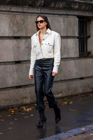black boots, black pants, black sunglasses, boots, jacket, leather jacket, leather pants, pants, ruffles, sunglasses, white jacket, fashion week, frenchystyle, FW, jonathan paciullo, street style, PFW, PARIS, SPRING SUMMER 2022, SS 22, vertical, full length