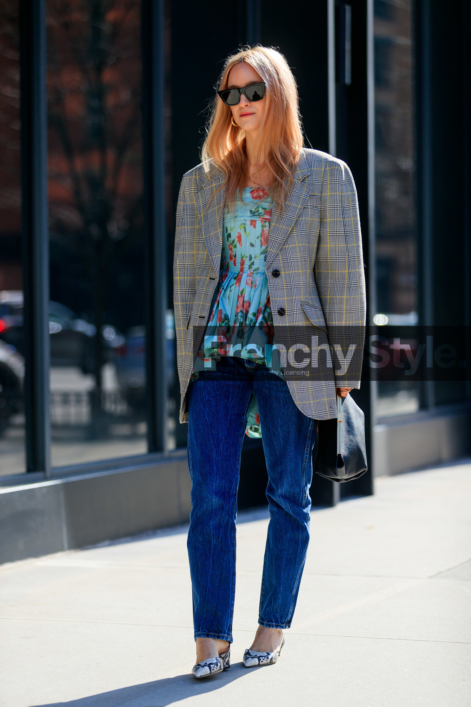 Charlotte Groeneveld, checked jacket, grey jacket, light blue blouse, pleated blouse, floral printed blouse, oversize jacket, yellow jacket, black leather clutch, khaite bag, blue jeans, butterfly sunglasses, animal skin shoes, black sunglasses, futurist shape sunglasses, fashion week, frenchystyle, FW, jonathan paciullo, street style, NYFW, NEW YORK, AUTUMN WINTER 2020-2021, FALL WINTER 2020-2021, FW 20-21, vertical, full length