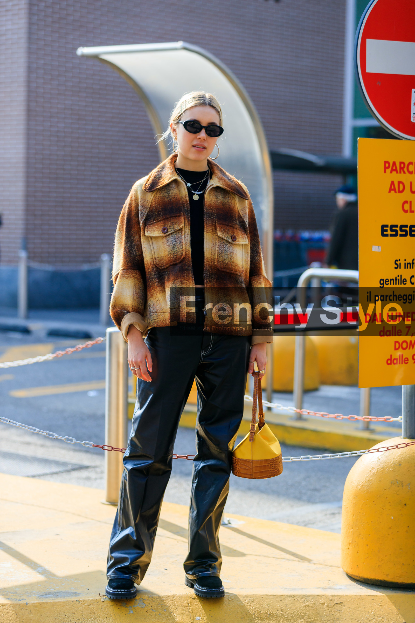 black pants, brown shirt, camel bag, checked, earrings, graphic jacket, leather bag, leather pants, necklace, plaid, printed jacket, sunglasses, trousers, yellow bag, MILAN, MFW, fashion week, frenchystyle, FW, jonathan paciullo, street style, AUTUMN WINTER 2019-2020, AW 19-20, FALL WINTER 2019-2020, FW 19-20, vertical, full length