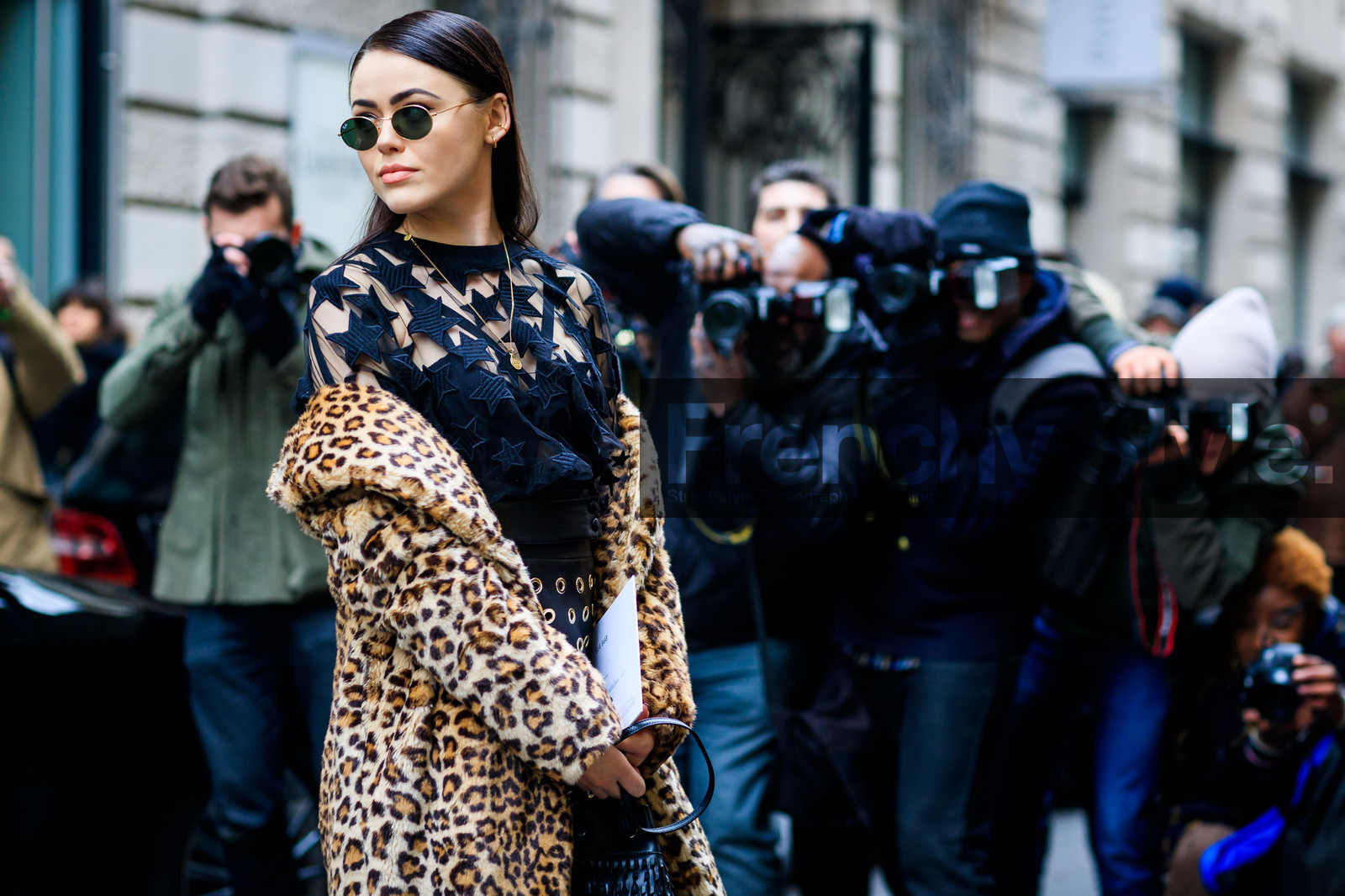 animal print, black top, fur jacket, graphic top, laser cut, leopard, leopard print, printed jacket, ray ban, see through, stars, sunglasses, fashion week, frenchystyle, FW, jonathan paciullo, street style, PFW, PARIS, SPRING SUMMER 2017, SS 17, HAUTE COUTURE, atmosphere details, detail, horizontal, kristina bazan