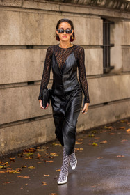 Alexandra Guerain, bicolor boots, black and white, black clutch, black dress, black sunglasses, boots, clutch, dress, fendi top, leather dress, logo print, long dress, strap dress, sunglasses, top, transparent top, white boots, lacoste, fashion week, frenchystyle, FW, jonathan paciullo, street style, PFW, PARIS, SPRING SUMMER 2022, SS 22, vertical, full length