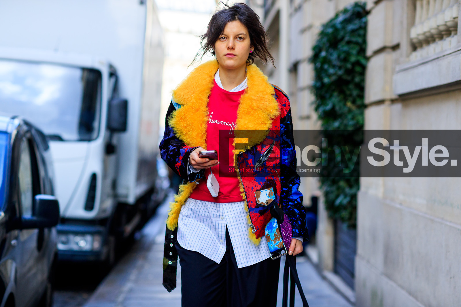 atmosphere details, AUTUMN WINTER 2017-2018, AW 17-18, black pants, detail, FALL WINTER 2017-2018, fashion week, frenchystyle, FW, FW 17-18, horizontal, jonathan paciullo, multicolor jacket, PARIS, PFW, printed jacket, red sweater, street style, Tatiana Cotliar, white shirt, yellow fur
