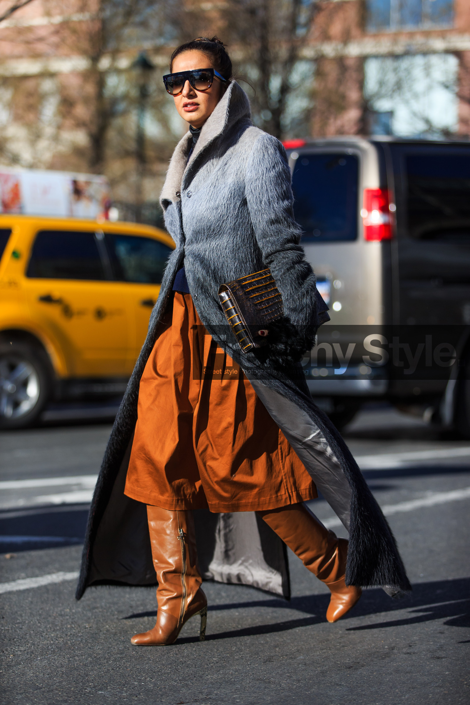 AUTUMN WINTER 2016-2017, AW 16-17, black scarf, camel boots, camel pants, fashion week, frenchystyle, full length, fur coat, FW, FW 16-17, grey coat, high boots, high heels, jonathan paciullo, leather boots, leather clutch, nausheen shah, NEW YORK, NYFW, street style, vertical, woman