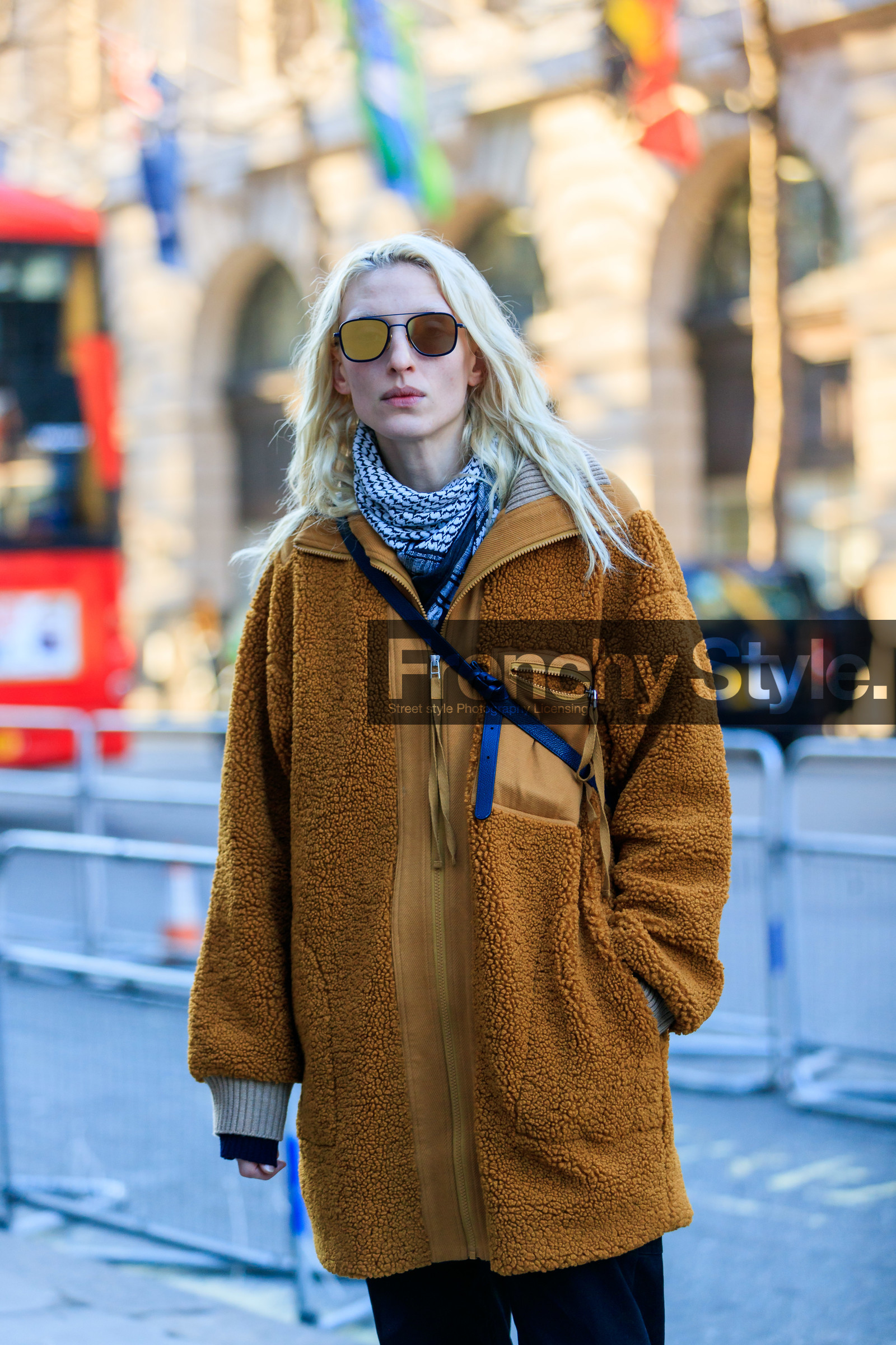 camel jacket, model, scarf, sunglasses, trousers, street style, jonathan paciullo, FW, frenchystyle, fashion week, LFW, LONDON, AUTUMN WINTER 2019-2020, AW 19-20, FW 19-20, FALL WINTER 2019-2020, vertical, atmosphere details, detail