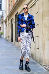AUTUMN WINTER 2017-2018, AW 17-18, black shoes, blue jacket, checked jacket, FALL WINTER 2017-2018, fashion week, frenchystyle, full length, FW, FW 17-18, graphic jacket, jonathan paciullo, leather bag, leather shoes, model, PARIS, PFW, plaid, printed dress, printed jacket, sasha luss, stars, street style, sunglasses, tartan, vertical, white dress