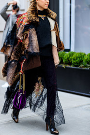 black pants, black shoes, black sweater, brown fur, brown jacket, fur jacket, graphic bag, graphic jacket, high heels, jenny cipoletti, lace, leather bag, leather shoes, necklace, patchwork, printed bag, printed jacket, purple bag, trousers, velvet, frenchystyle, jonathan paciullo, street style, NYFW, NEW YORK, AUTUMN WINTER 2019-2020, AW 19-20, FALL WINTER 2019-2020, FW 19-20, fashion week, FW, vertical, atmosphere details, detail