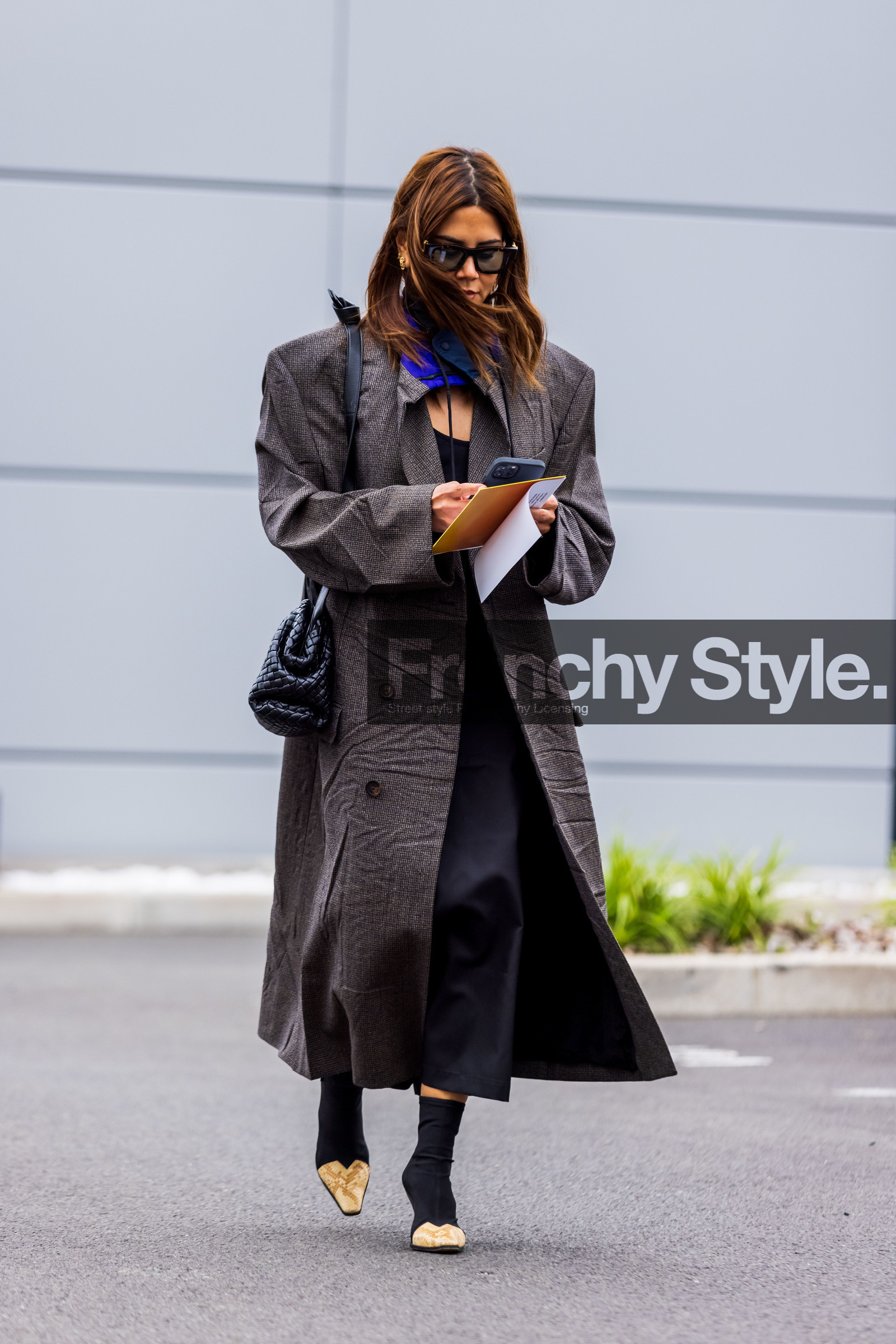 bag, bicolor shoes, black bag, black boots, black dress, boots, Christine Centenera, coat, dress, grey coat, leather bag, long dress, print, printed coat, sunglasses, tartan coat, PARIS, PFW, fashion week, frenchystyle, FW, jonathan paciullo, street style, SPRING SUMMER 2022, SS 22, vertical, full length