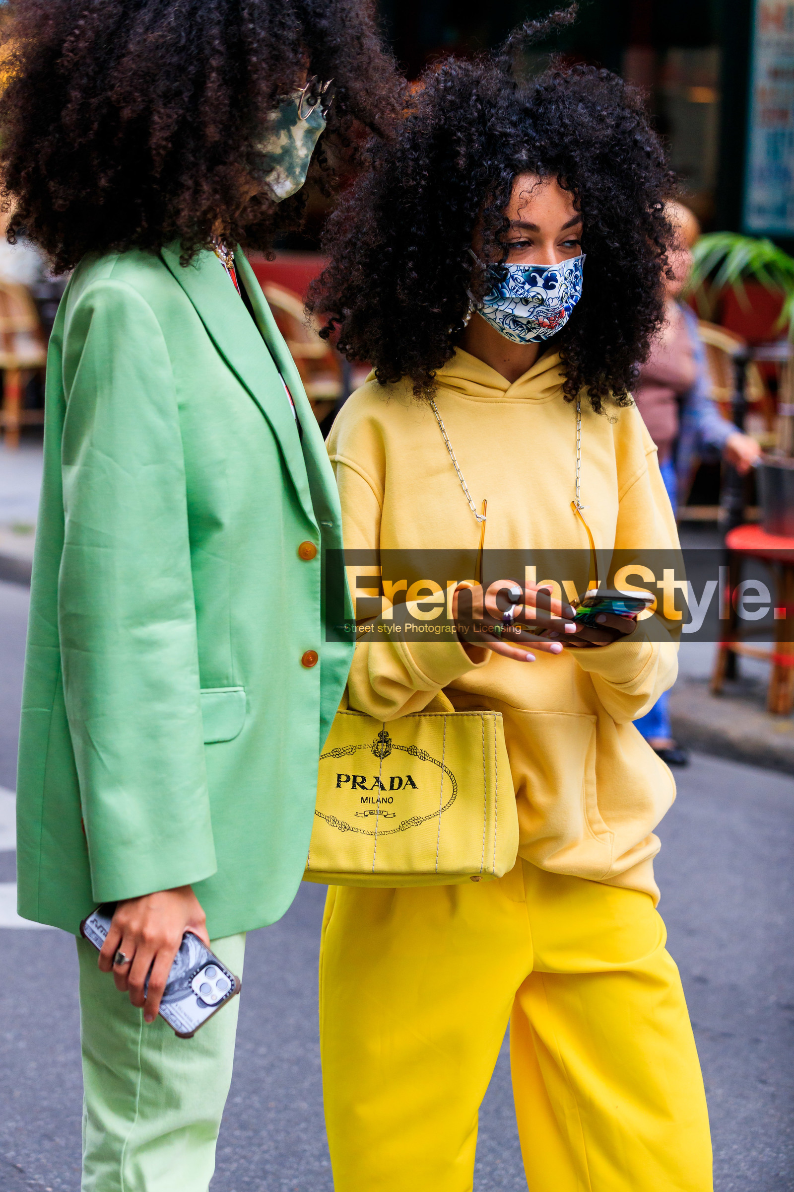 yellow pants, yellow suits, yellow hoodie, yellow bag, tote bag, shopping bag, letter printed bag, hand bag, prada bag, green jacket, green pants, green suits, light green jacket, light green pants, light green suit, mask detail, fashion week, frenchystyle, FW, jonathan paciullo, street style, PFW, PARIS, SPRING SUMMER 2022, SS 22, vertical, atmosphere details, detail