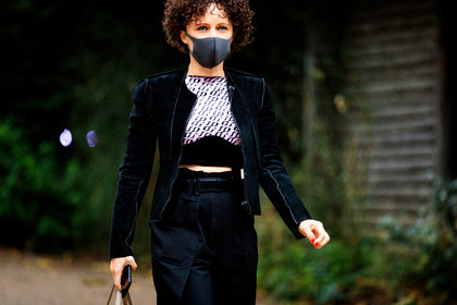 black jacket, black top, technical fabric top, monogrammed top, white top, cropped top, zipped jacket, suede jacket, covid face mask, fashion week, frenchystyle, FW, jonathan paciullo, street style, PFW, PARIS, SPRING SUMMER 2021, SS 21, horizontal, atmosphere details, detail