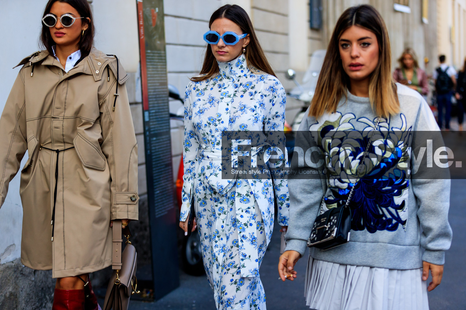 atmosphere details, beige coat, black bag, detail, fashion week, floral, flowers, frenchystyle, FW, graphic dress, grey sweater, horizontal, jonathan paciullo, leather bag, MFW, MILAN, prada, printed dress, printed sweater, SPRING SUMMER 2018, SS 18, street style, sunglasses, white dress