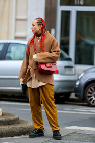camel coat, camel pants, red hair, plaited hair, red leather bag, crossbody bag, gucci bag, belted coat, doc marteens shoes, flat boots, black leather boots, laced boots, light beige shirt, fashion week, frenchystyle, FW, jonathan paciullo, street style, PFW, PARIS, vertical, full length