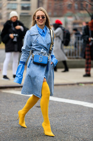blue bag, blue coat, blue denim, blue shirt, denim coat, high boots, high heels, leather bag, leather shoes, sunglasses, trench coat, yellow boots, street style, jonathan paciullo, FW, frenchystyle, fashion week, NYFW, NEW YORK, AUTUMN WINTER 2018-2019, AW 18-19, FALL WINTER 2018-2019, FW 18-19, vertical, full length