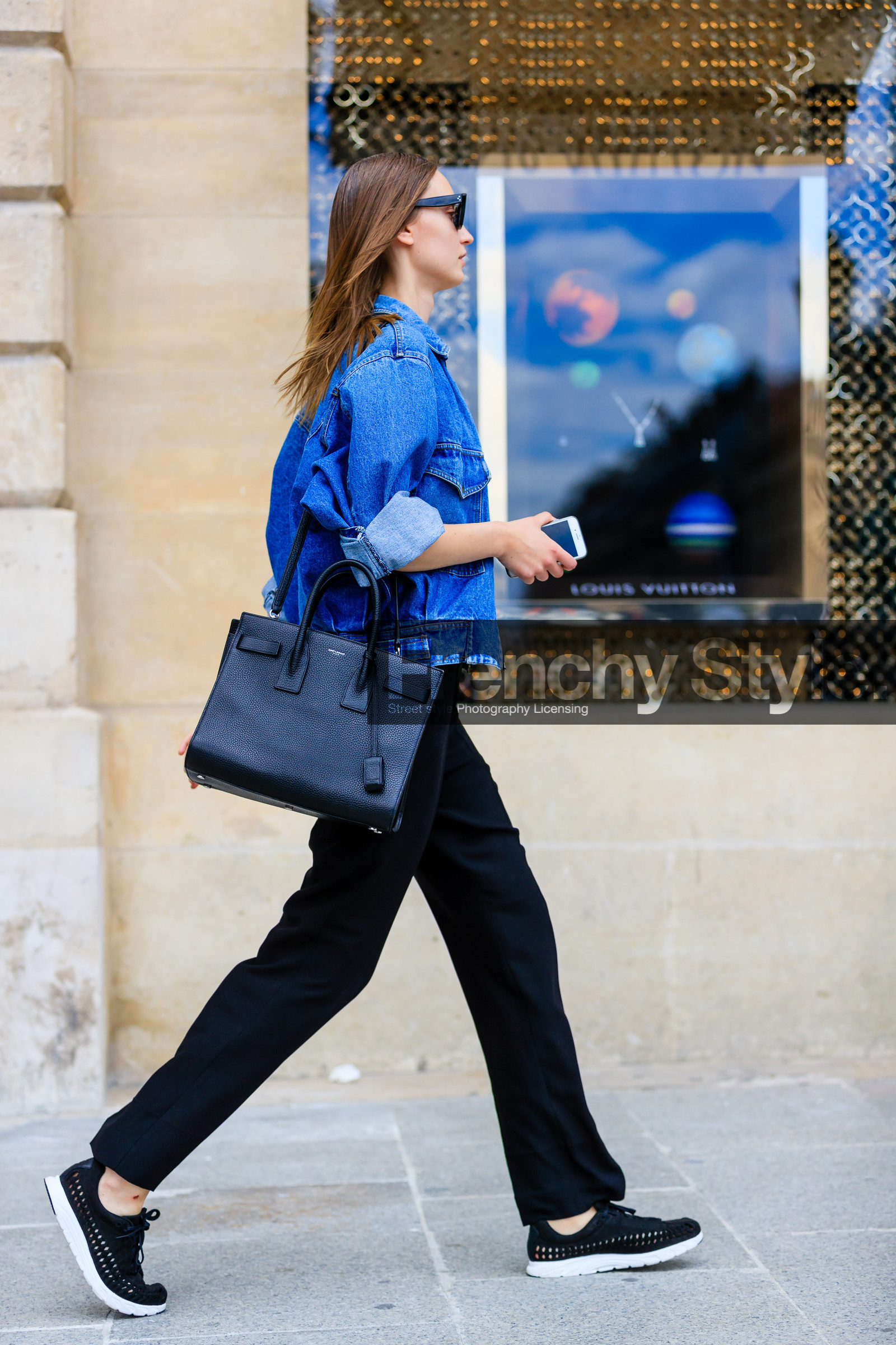 AUTUMN WINTER 2016-2017, AW 16-17, black bag, black pants, black sneakers, blue denim, denim jacket, FALL WINTER 2016-2017, fashion week, frenchystyle, full length, FW, FW 16-17, HAUTE COUTURE, jonathan paciullo, leather bag, MENSWEAR, model, nike, PARIS, PFW, saint laurent paris, street style, suede shoes, sunglasses, trousers, vertical