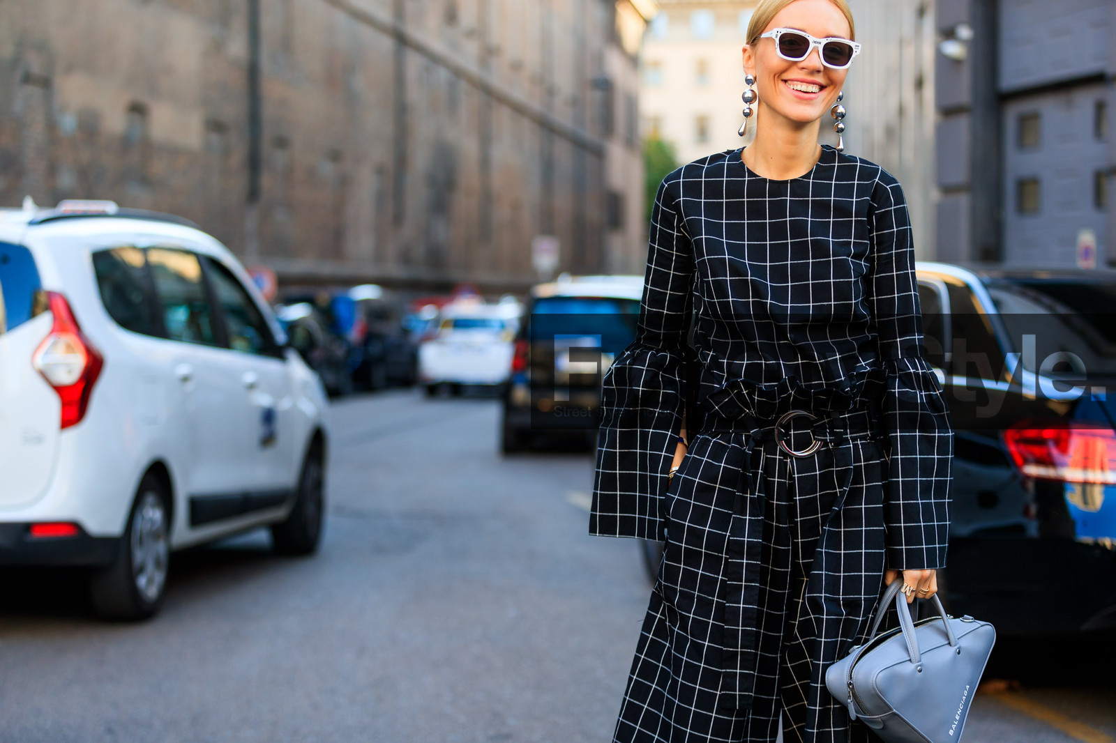 atmosphere details, balenciaga, black pants, black shirt, checked pants, checked shirt, detail, earrings, fashion week, frenchystyle, FW, graphic pants, graphic shirt, grey bag, horizontal, jonathan paciullo, leather bag, MFW, MILAN, printed pants, printed shirt, SPRING SUMMER 2018, SS 18, street style, sunglasses, trousers