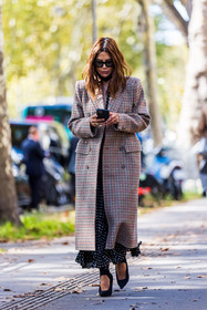 balenciaga look, black dress, black heels, brown coat, check, Christine Centenera, coat, dots, printed coat, printed dress, smartphone, sunglasses, tartan coat, street style, jonathan paciullo, FW, frenchystyle, fashion week, PFW, PARIS, SPRING SUMMER 2022, SS 22, vertical, full length