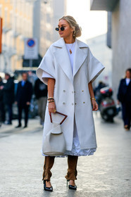 black shoes, brown pants, high heels, leather bag, leather shoes, necklace, nina suess, sunglasses, white bag, white coat, white dress, street style, jonathan paciullo, FW, frenchystyle, fashion week, MFW, MILAN, AUTUMN WINTER 2019-2020, AW 19-20, FALL WINTER 2019-2020, FW 19-20, vertical, full length