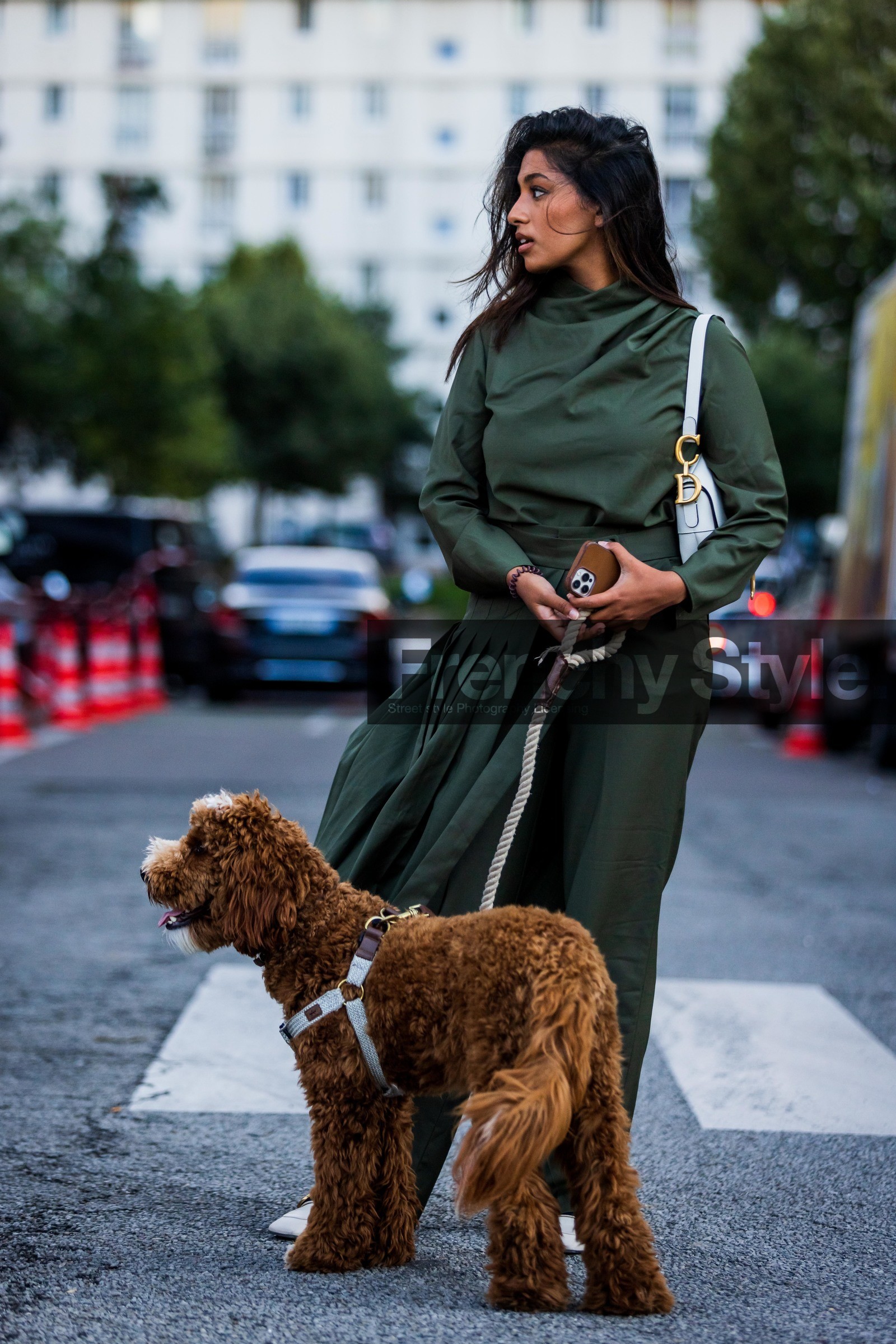 bag, dior bag, dog, kakhi pants, kakhi skirt, kakhi top, pleated skirt, skirt, top, white bag, white mocassins, street style, jonathan paciullo, FW, frenchystyle, fashion week, PFW, PARIS, SPRING SUMMER 2022, SS 22, vertical, full length