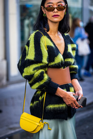 bag, belt, black knitwear, brown sunglasses, camel belt, color, knitwear, large belt, leather bag, leather belt, pastel blue skirt, Pornwika Spiecker, print, printed knitwear, sunglasses, yellow bag, yellow knitwear, street style, jonathan paciullo, FW, frenchystyle, fashion week, PFW, PARIS, SPRING SUMMER 2022, SS 22, vertical, atmosphere details