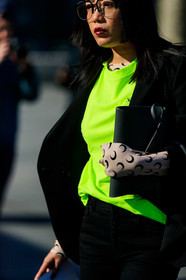 black bag, black jacket, black pants, green sweater, leather bag, marine serre, PARIS, PFW, street style, jonathan paciullo, FW, frenchystyle, fashion week, AUTUMN WINTER 2019-2020, AW 19-20, FALL WINTER 2019-2020, FW 19-20, vertical, atmosphere details, detail