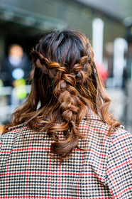 braids, brown coat, checked, houndstooth pattern, plaid, fashion week, frenchystyle, FW, jonathan paciullo, street style, LFW, LONDON, SPRING SUMMER 2019, SS 19, vertical, detail, atmosphere details