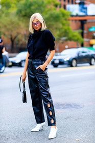 black bag, black pants, black sweater, high heels, leather bag, leather pants, leather shoes, sunglasses, trousers, white boots, xenia adonts, fashion week, frenchystyle, FW, jonathan paciullo, street style, NYFW, NEW YORK, SPRING SUMMER 2019, SS 19, vertical, full length
