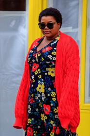 gabriella karefa johnson, red cardigan, red dress, black dress, yellow dress, multicolor dress, low necked dress, floral printed dress, square shape glasses, big sunglasses, black sunglasses, golden earrings, dangling earrings, animal shape earrings, fashion week, frenchystyle, FW, jonathan paciullo, street style, PFW, PARIS, vertical, atmosphere details, detail