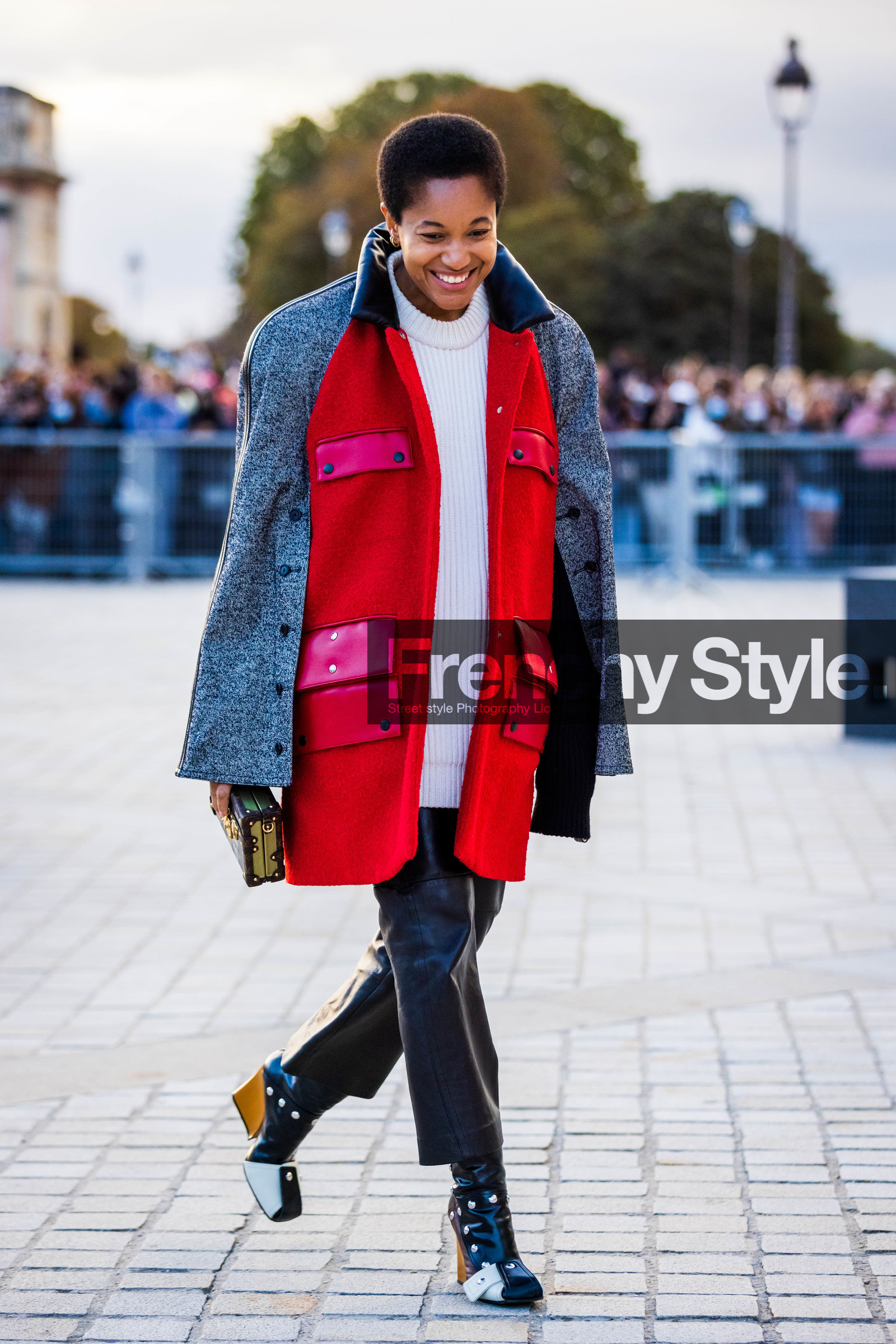 bicolor shoes, black boots, black pants, boots, clutch, color, grey coat, knitwear, leather pants, louis vuitton look, pants, red coat, Tamu McPherson, white knitwear, cape coat, fashion week, frenchystyle, FW, jonathan paciullo, street style, PFW, PARIS, SPRING SUMMER 2022, SS 22, vertical, full length