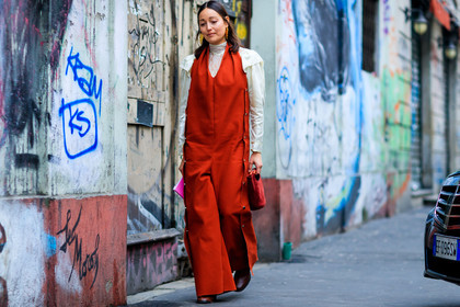 atmosphere details, AUTUMN WINTER 2017-2018, AW 17-18, beige shirt, earrings, FALL WINTER 2017-2018, fashion week, frenchystyle, full length, FW, FW 17-18, horizontal, jonathan paciullo, leather bag, leather shoes, MFW, MILAN, rachael wang, red bag, red boots, red jumpsuit, street style, trousers