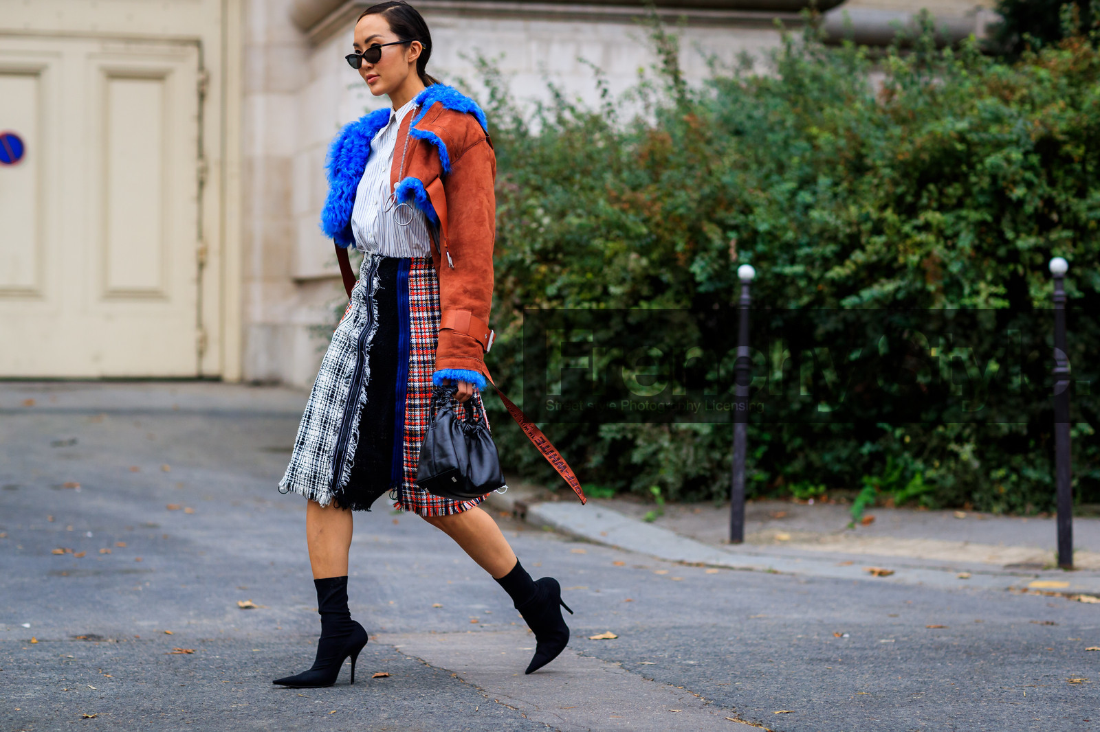 atmosphere details, black shoes, blue fur, brown jacket, checked skirt, fashion week, frenchystyle, full length, FW, graphic jacket, graphic skirt, high heels, horizontal, jonathan paciullo, leather jacket, leather shoes, off white, PARIS, PFW, plaid, pleated skirt, printed jacket, printed skirt, shearling, SPRING SUMMER 2018, SS 18, street style, sunglasses, tartan, white shirt, Chriselle Lim